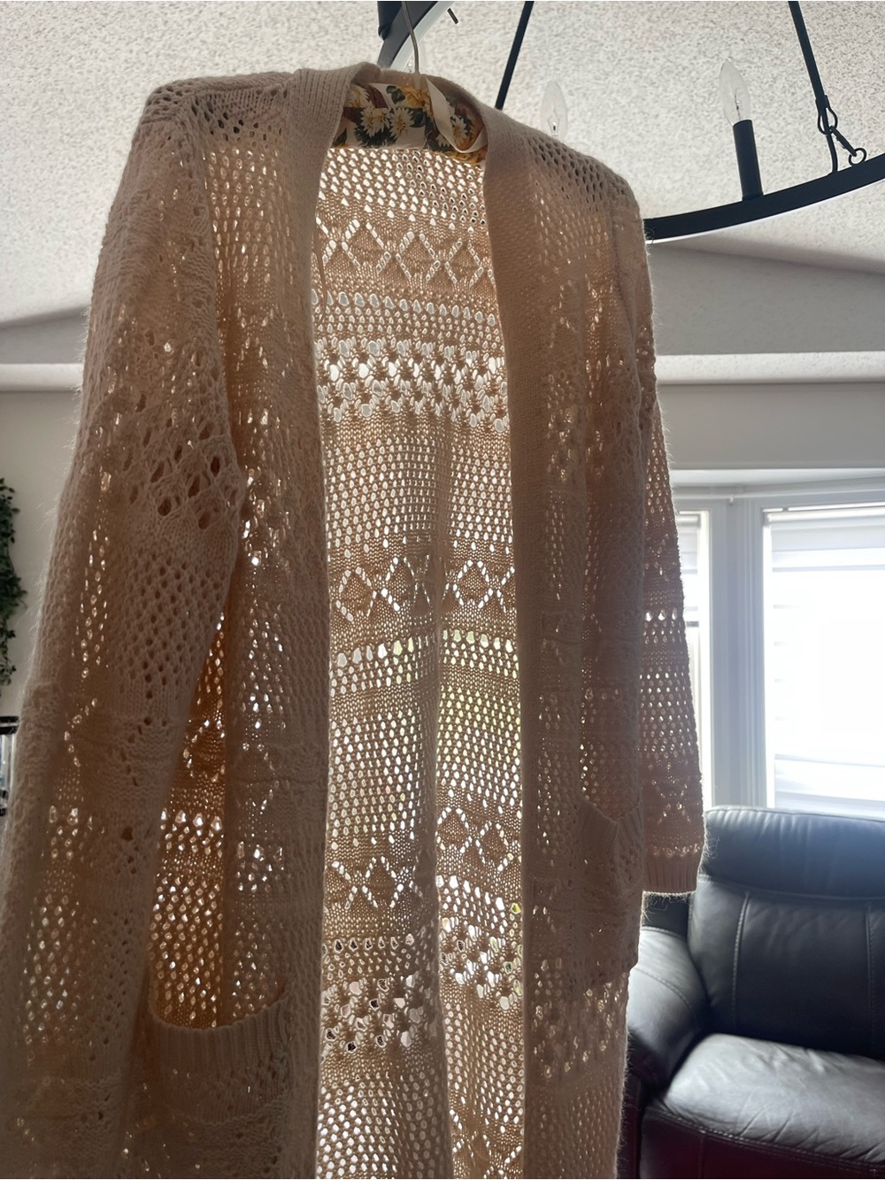 Open-Front Cream Crochet Knit Women's Cardigan Sweater